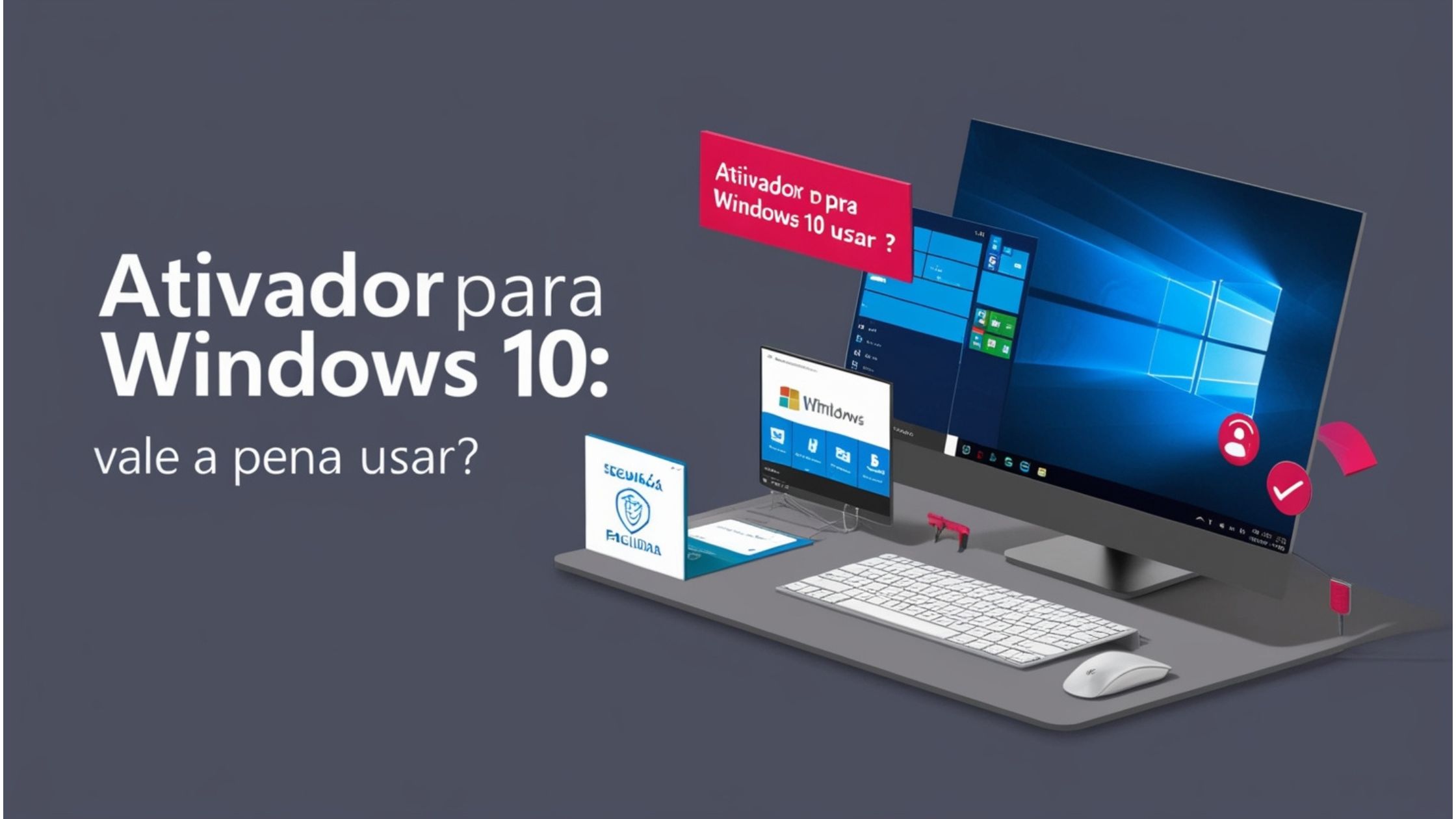 Tela de computador exibindo o logotipo ativador para windows 10 com uma mensagem de ativação e ícones de segurança