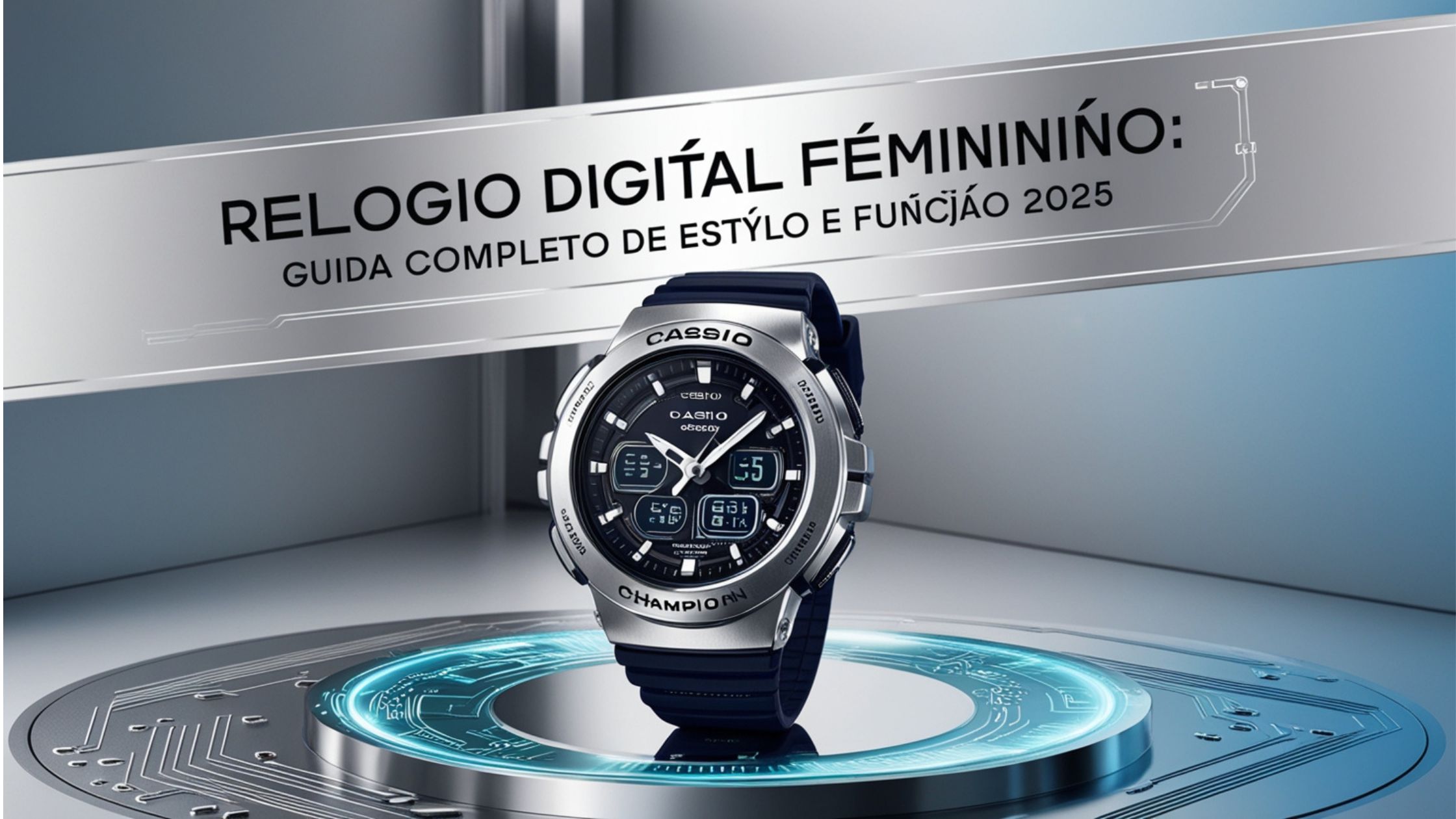 Relógio digital feminino Casio dourado em primeiro plano com interface tecnológica e banner 'Relogio Digital Feminino: Guia Completo de Estilo e Função 2025